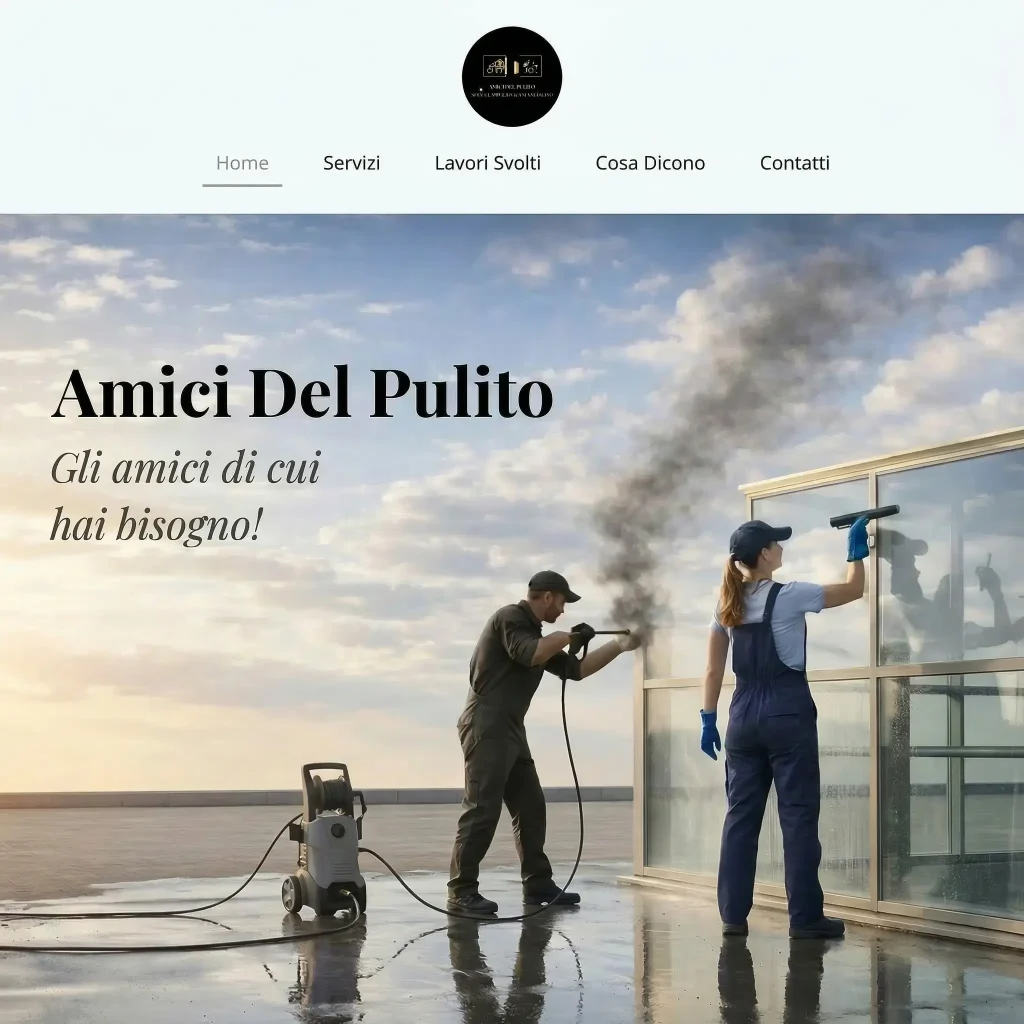 Homepage Amici del Pulito con operatori al lavoro sulla pulizia di vetri e superfici