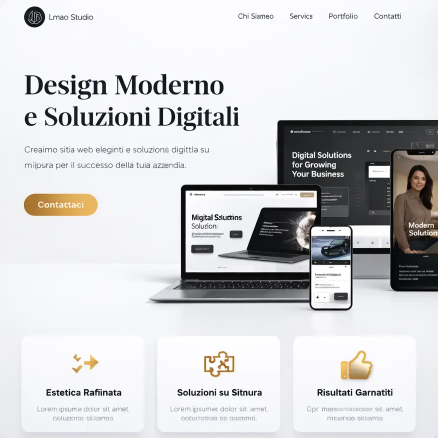 Anteprima homepage sito web moderno e minimal realizzato da Lmao Graphic con layout elegante, tipografia raffinata e interfaccia pulita, design UI professionale con mockup responsive su laptop, tablet e smartphone, sezione servizi con icone stilizzate e call to action centrale, sviluppo web orientato alla user experience e ottimizzazione SEO per aziende che vogliono distinguersi online grazie a Lmao Graphic