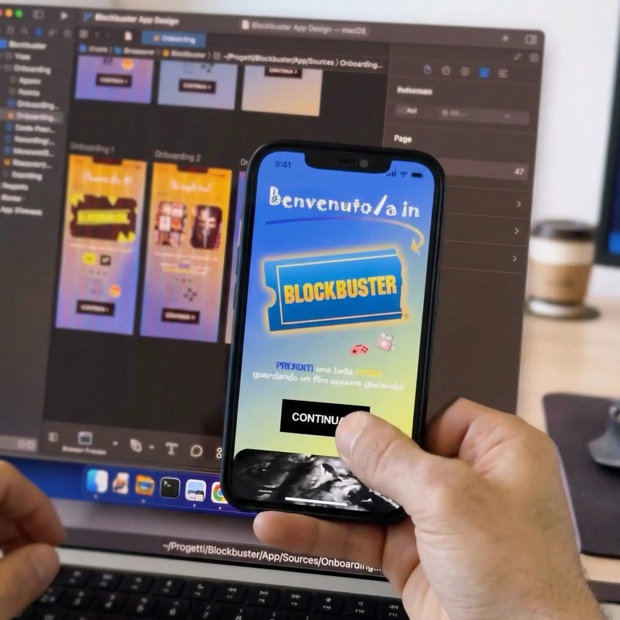 Mockup di applicazione mobile visualizzata su smartphone con interfaccia onboarding Blockbuster progettata su software di design UI/UX, sviluppo app mobile moderno e intuitivo realizzato da Lmao Graphic con attenzione a user experience, grafica digitale e progettazione professionale