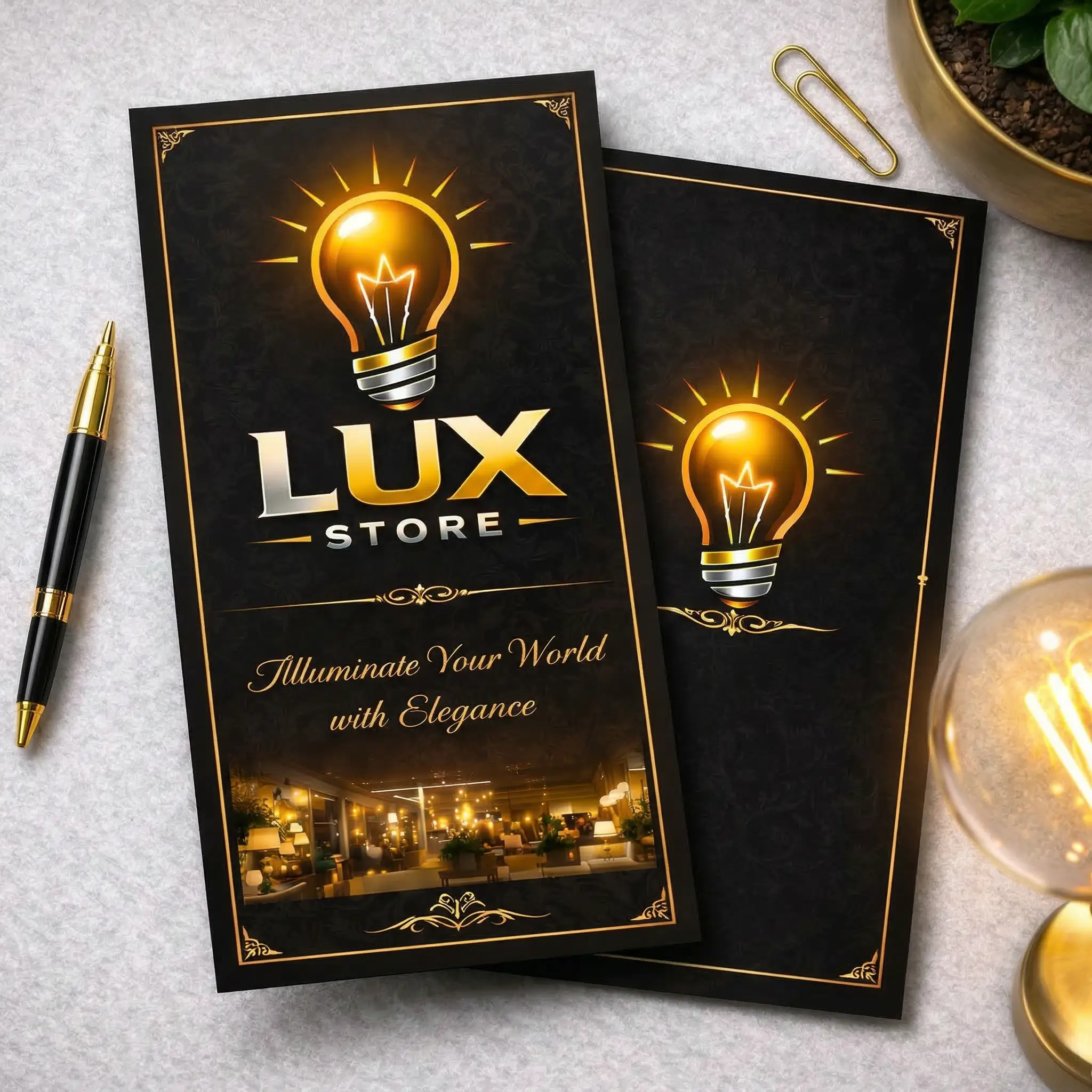 Brochure pubblicitaria elegante per Lmao Graphic, agenzia grafica con base a Lecce attiva in tutta Italia, design nero e oro in stile premium con elementi luminosi e raffinati, comunicazione visiva professionale per branding, graphic design, creazione siti web SEO e marketing digitale, layout moderno pensato per aziende e professionisti che vogliono distinguersi online e offline, identità visiva forte, creativa e strategica per aumentare visibilità, autorevolezza e conversioni.