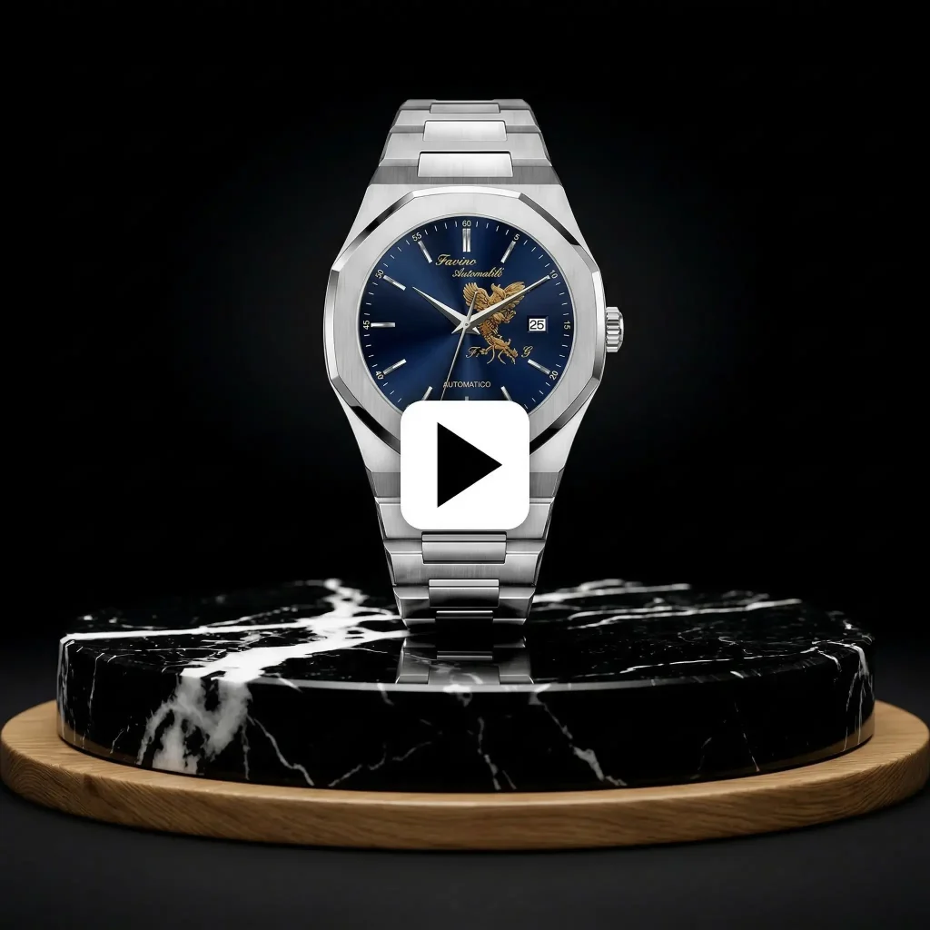 Orologio di lusso in acciaio con quadrante blu su base in marmo nero
