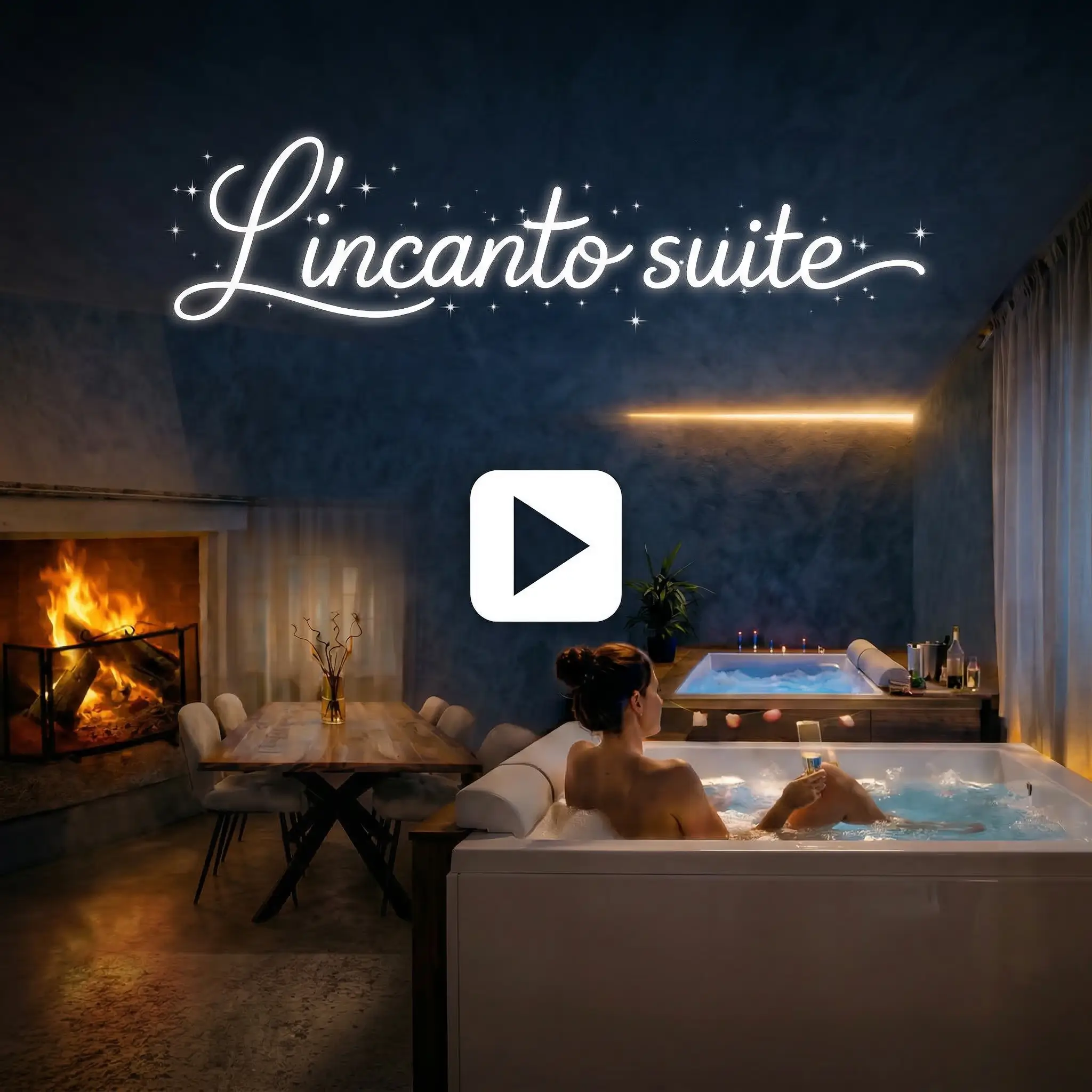Suite elegante con vasca idromassaggio, camino acceso e atmosfera calda e rilassante, ambiente moderno con luci soffuse e dettagli di design. Una donna si rilassa nella vasca con un drink, circondata da comfort e benessere. Immagine premium per L’Incanto Suite, ideale per sito web, promozione turistica, soggiorni romantici e esperienze di lusso.