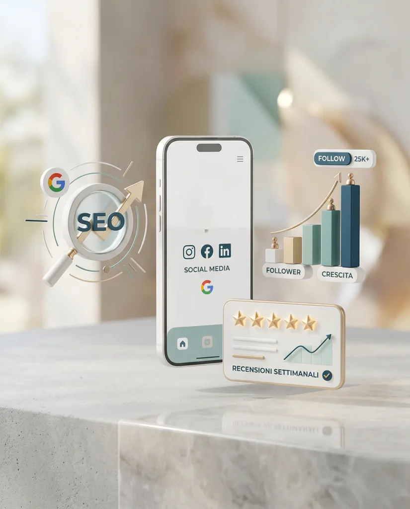 Smartphone con social media, recensioni Google e dati di crescita per una strategia curata da un’agenzia di grafica e marketing a Lecce