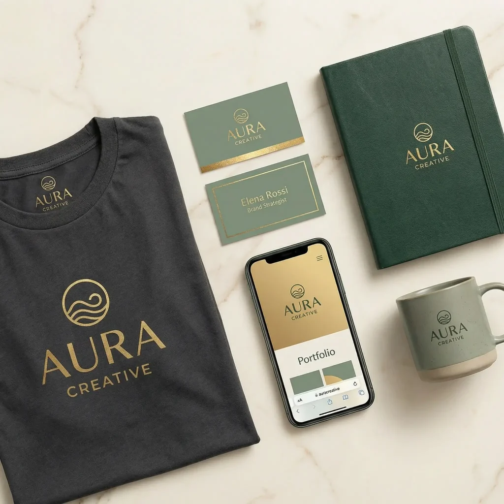 Brand identity coordinata: logo, biglietti da visita, packaging, merchandising e app mobile