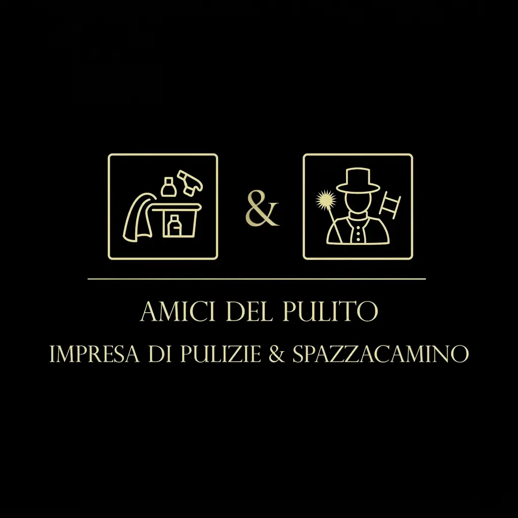 LAVORI Logo professionale per Amici del Pulito, impresa di pulizie e spazzacamino, realizzato da Lmao Graphic, agenzia grafica con base a Lecce attiva in tutta Italia, design elegante nero e oro con icone minimal per rappresentare servizi di pulizia civile, industriale e manutenzione camini, branding moderno e riconoscibile per aziende di servizi, progettazione identità visiva, graphic design, creazione siti web SEO e marketing digitale per aumentare visibilità locale, acquisire clienti e migliorare il posizionamento su Google, soluzioni su misura per imprese che vogliono distinguersi nel mercato.