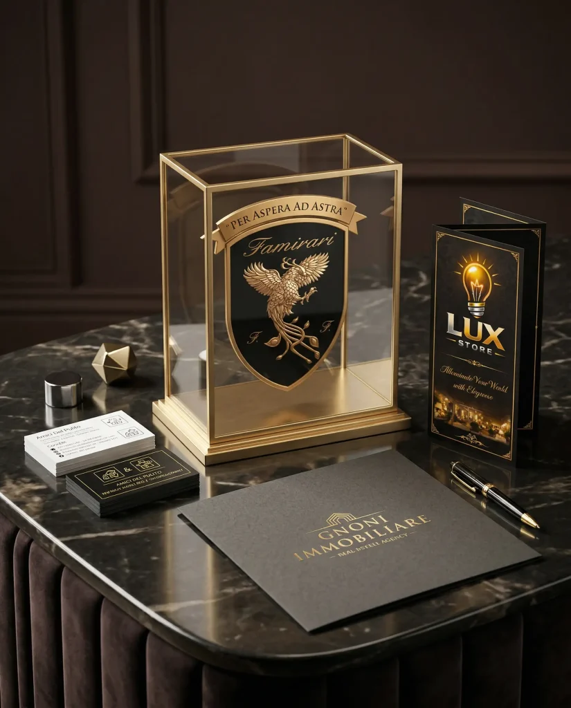 Brand identity con logo dorato, brochure e biglietti da visita