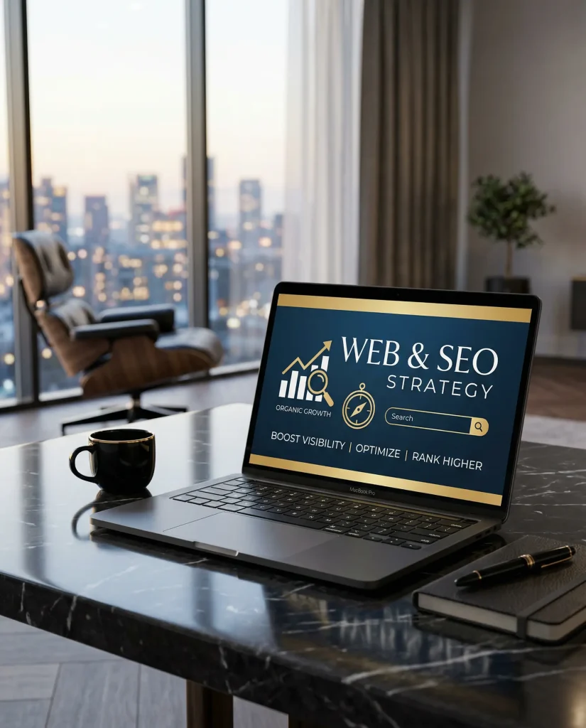 Laptop con sito web, analisi SEO e grafici di crescita