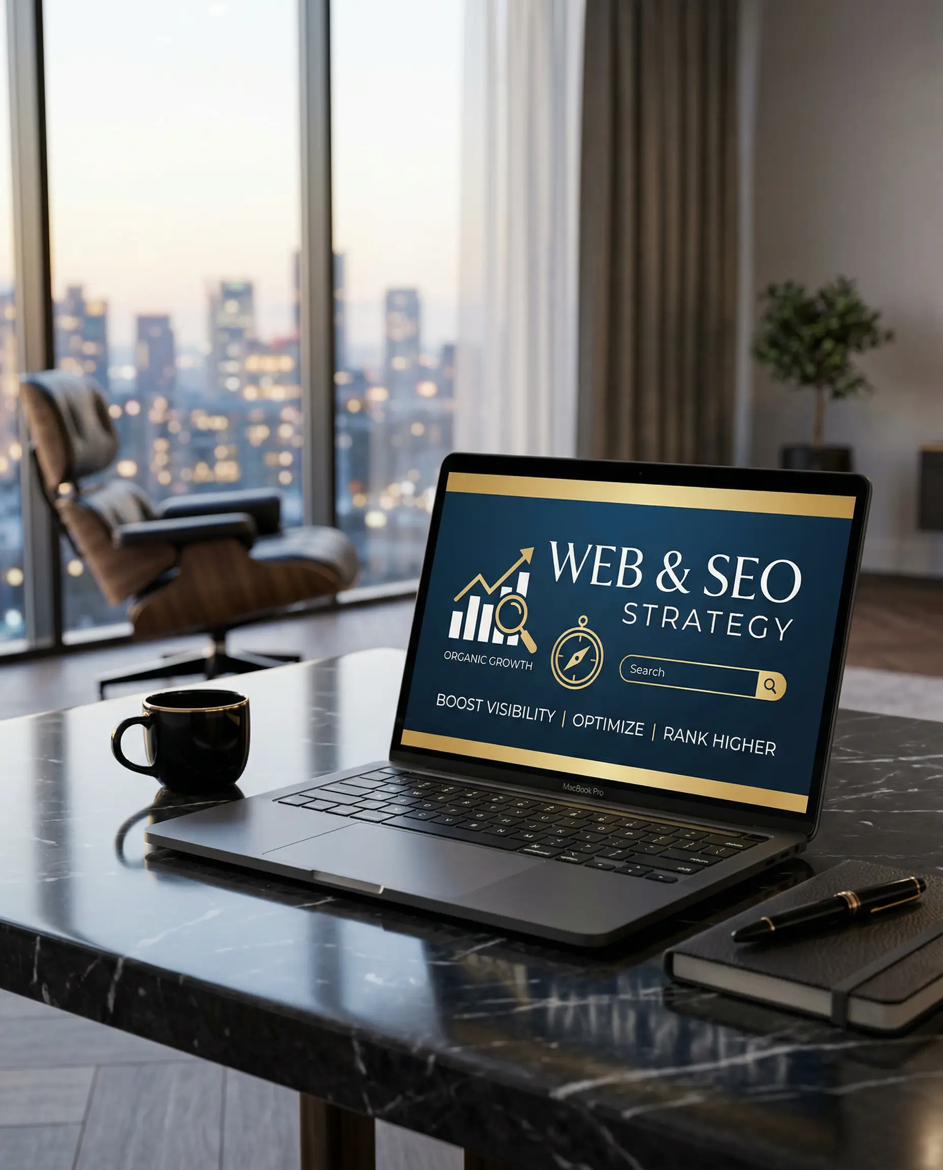 Laptop su scrivania elegante con schermata “Web & SEO Strategy”, grafici di crescita e strumenti di ottimizzazione per siti web e posizionamento sui motori di ricerca, concetto di marketing digitale e sviluppo web professionale.