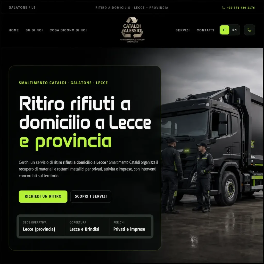 Homepage del sito Smaltimento Cataldi realizzato da Lmao Graphic, Home descrittiva di un'azienda che ritira e compra rottami su lecce e brindisi, design moderno e layout ottimizzato SEO sviluppato da Lmao Graphic