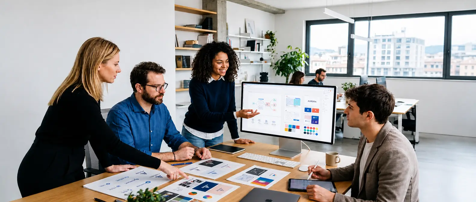 Team al lavoro sulla progettazione di loghi e identità visive