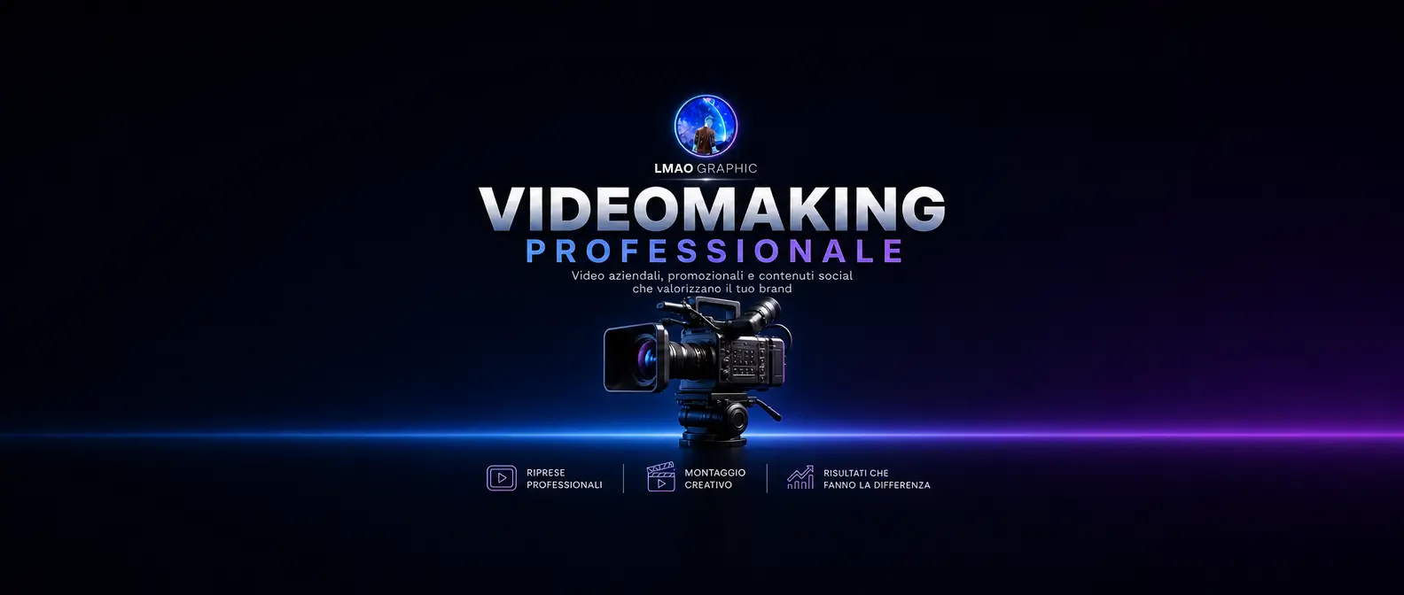 Banner Videomaking professionale LMAO Graphic con videocamera cinematografica su fondo scuro