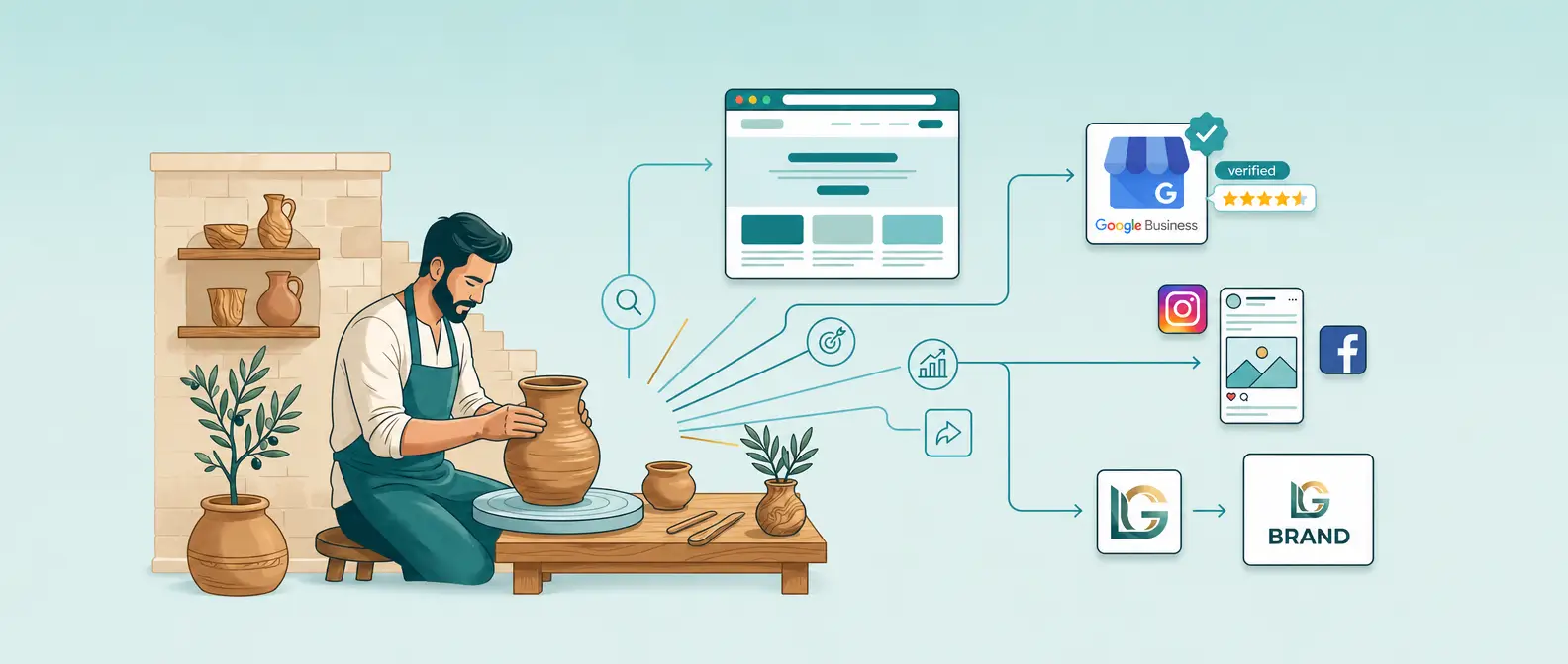 Ceramista con sito web, scheda Google e social coordinati in un'unica strategia