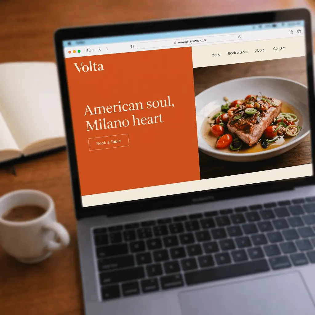 Homepage Volta Restaurant su laptop, hero arancione «American soul, Milano heart»