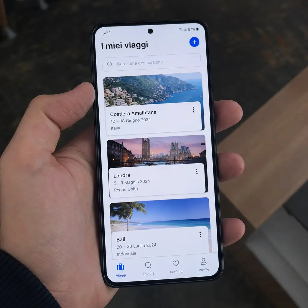 Interfaccia dell'app «I miei viaggi», mockup su smartphone