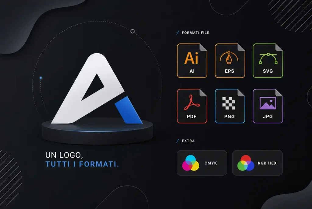Logo consegnato in AI, EPS, SVG, PDF, PNG e JPG con codici colore CMYK, RGB e HEX
