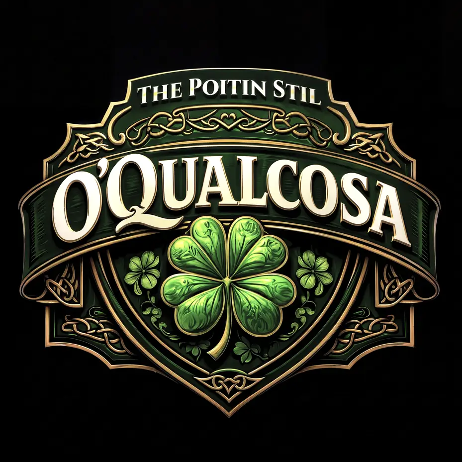 Logo The Poitin Stil O'Qualcosa: trifoglio verde e dettagli oro in stile irlandese