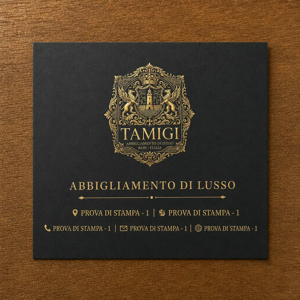 Prova di stampa del biglietto da visita Tamigi, stemma dorato su fondo nero