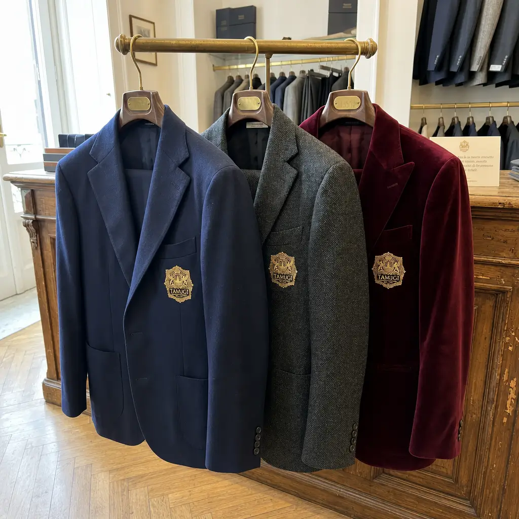 Giacche Tamigi blu, grigia e bordeaux con stemma ricamato dorato