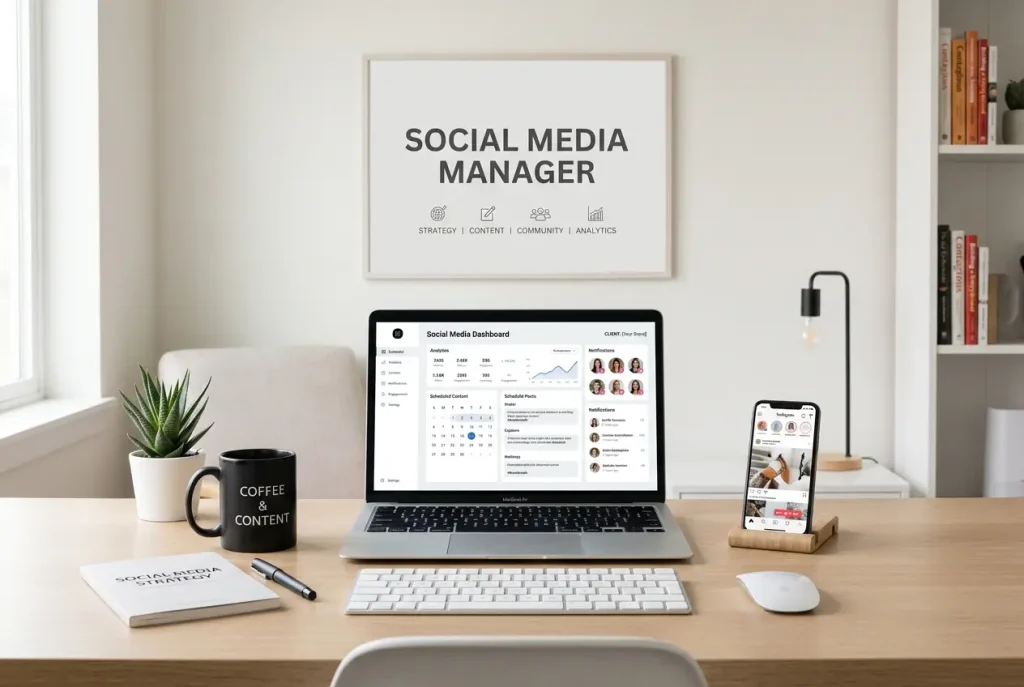 Postazione di social media management con calendario editoriale e analytics