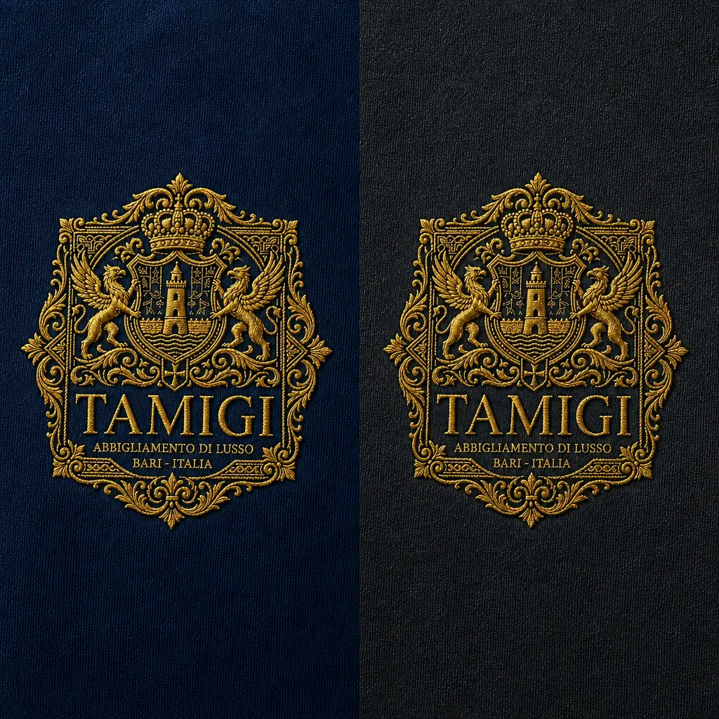 Dettaglio del ricamo dorato dello stemma Tamigi su tessuto blu