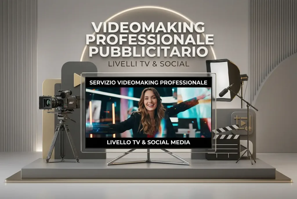 Set di videomaking con videocamera, luci, microfono e monitor