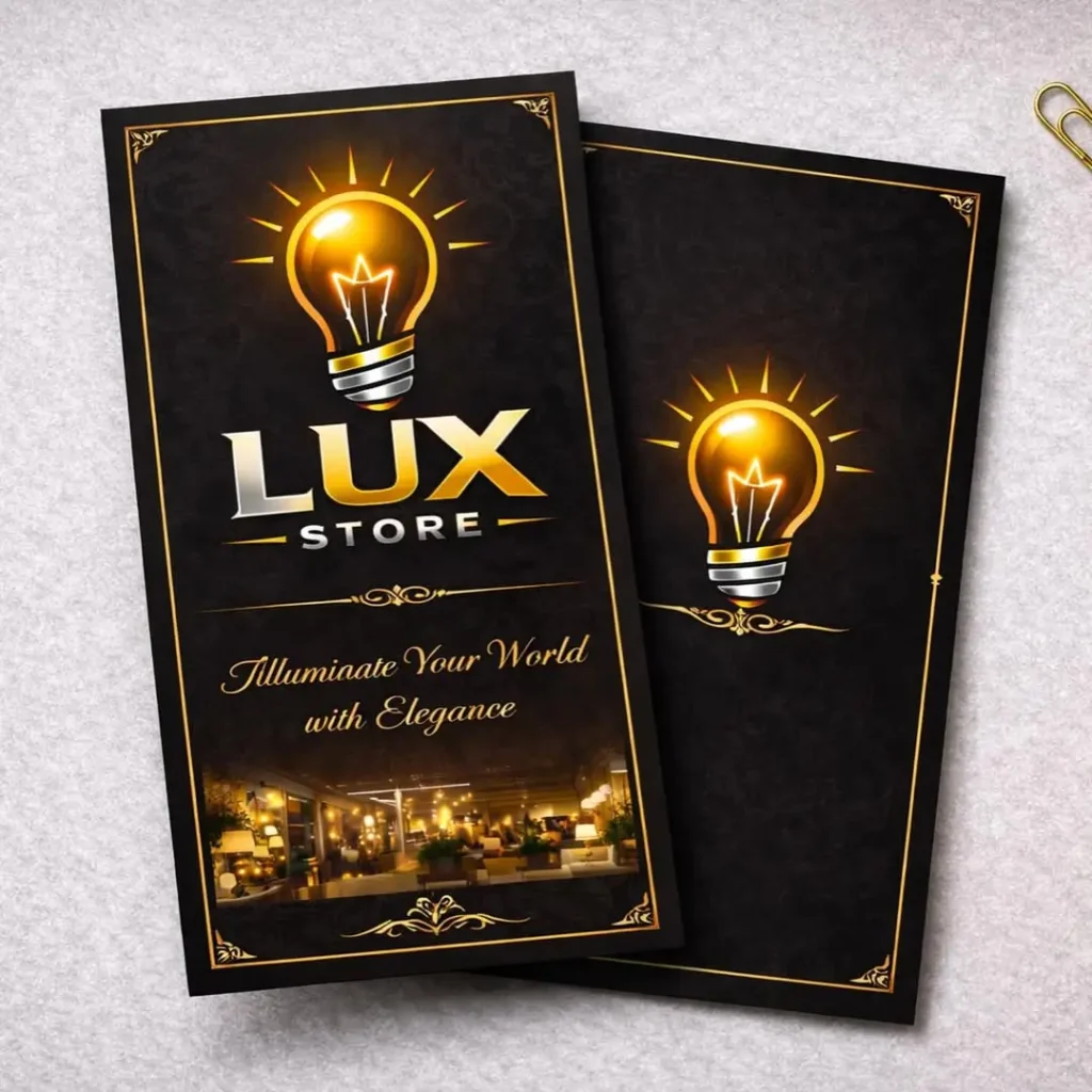 Brochure pieghevole Lux Store nera e oro con logo lampadina
