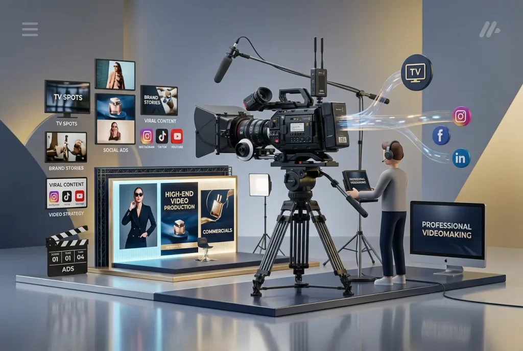 Produzione video con camera cinematografica, illuminazione e audio