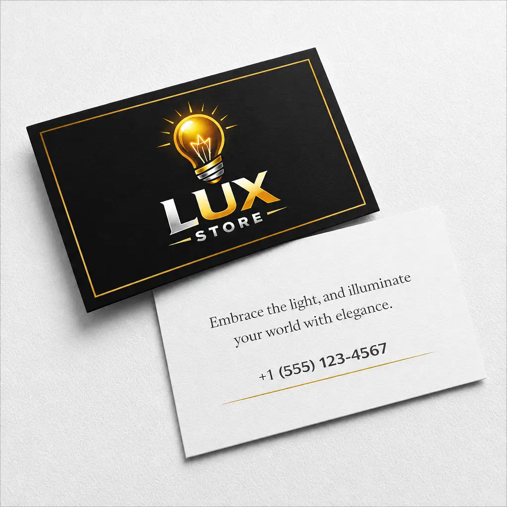 Biglietto da visita Lux Store nero e oro con logo lampadina
