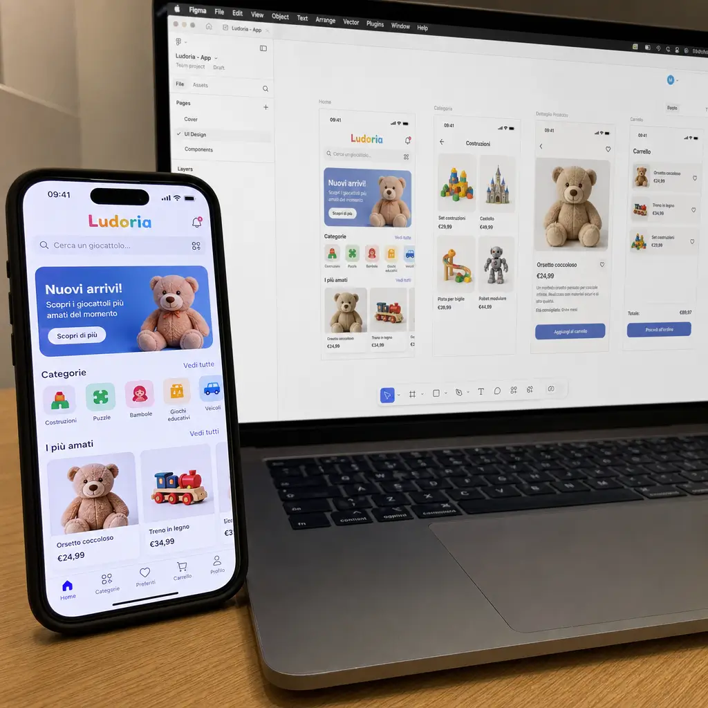 Interfaccia dell'app Ludoria per e-commerce di giocattoli, mockup Figma e smartphone