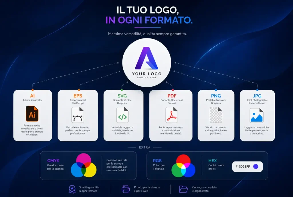 Infografica sui formati di consegna del logo e sulle palette CMYK, RGB e HEX