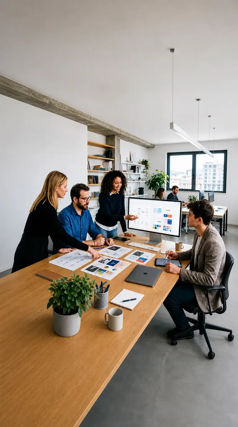 Team creativo in riunione attorno a layout stampati e a uno schermo con il sistema visivo