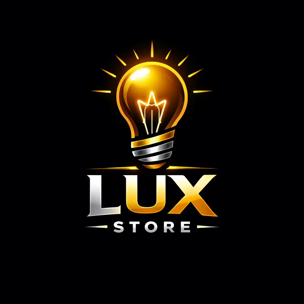 Logo Lux Store: lampadina dorata e lettering oro-argento per negozio di illuminazione