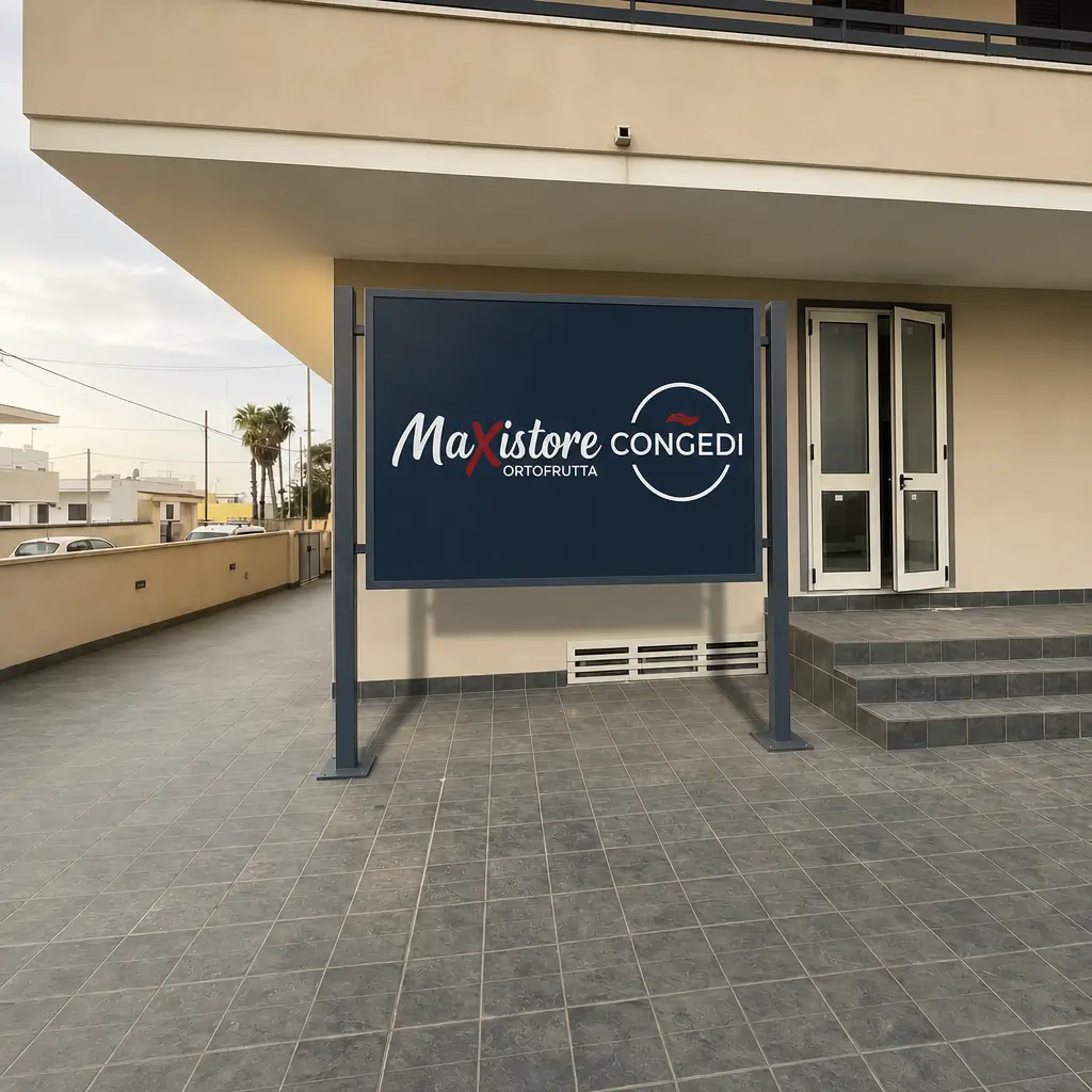 Insegna esterna Maxistore Ortofrutta su pannello blu notte