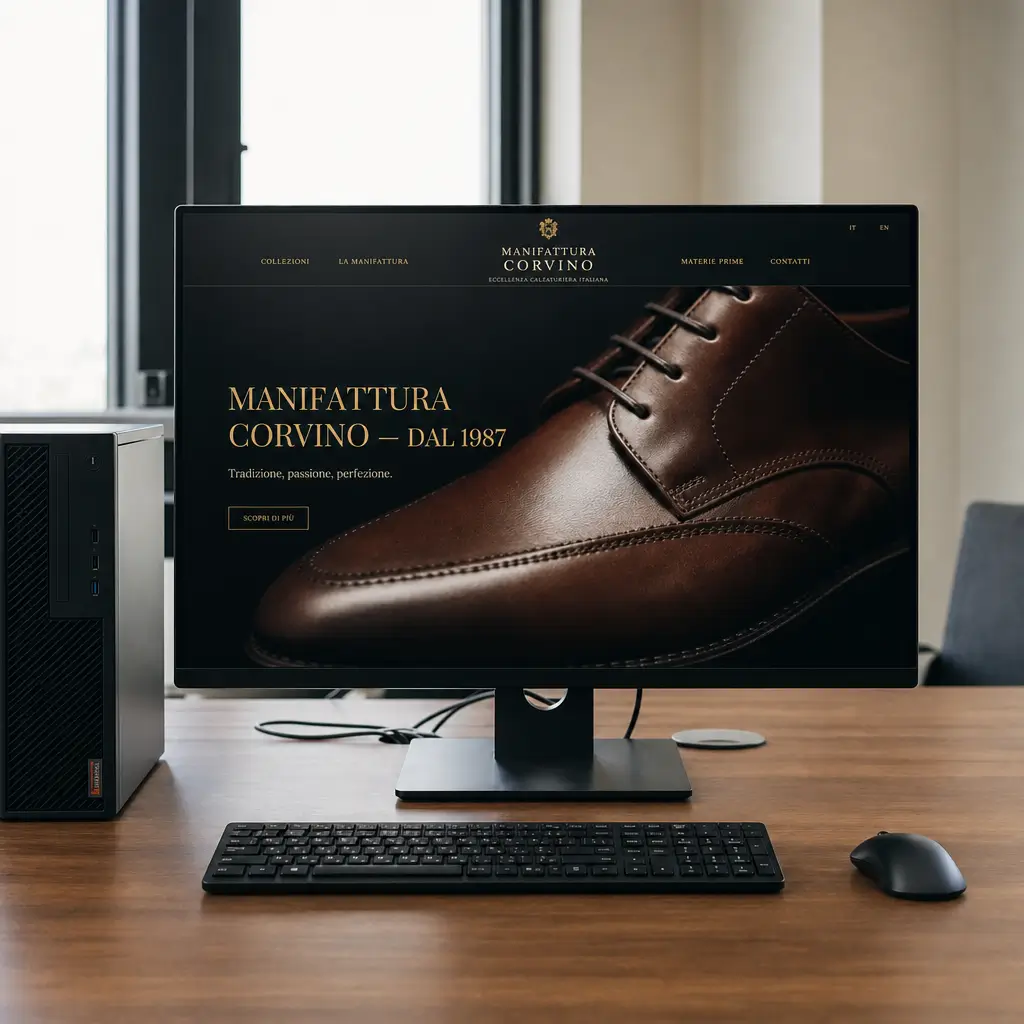 Homepage Manifattura Corvino con scarpa in pelle marrone e claim «Dal 1987»