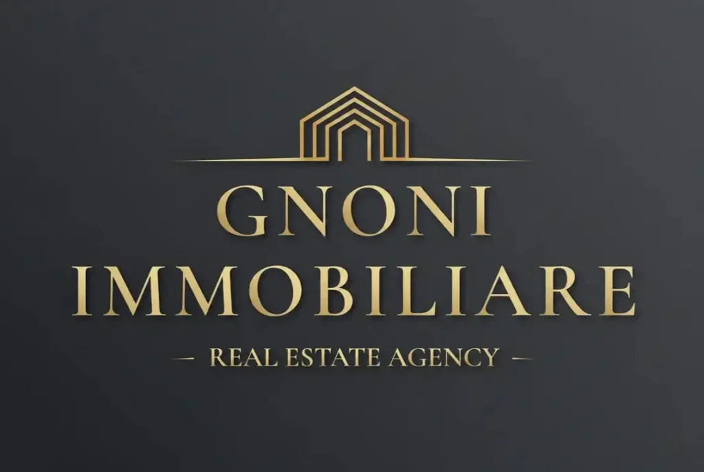 Logo Gnoni Immobiliare: wordmark serif dorato e pittogramma a profili concentrici