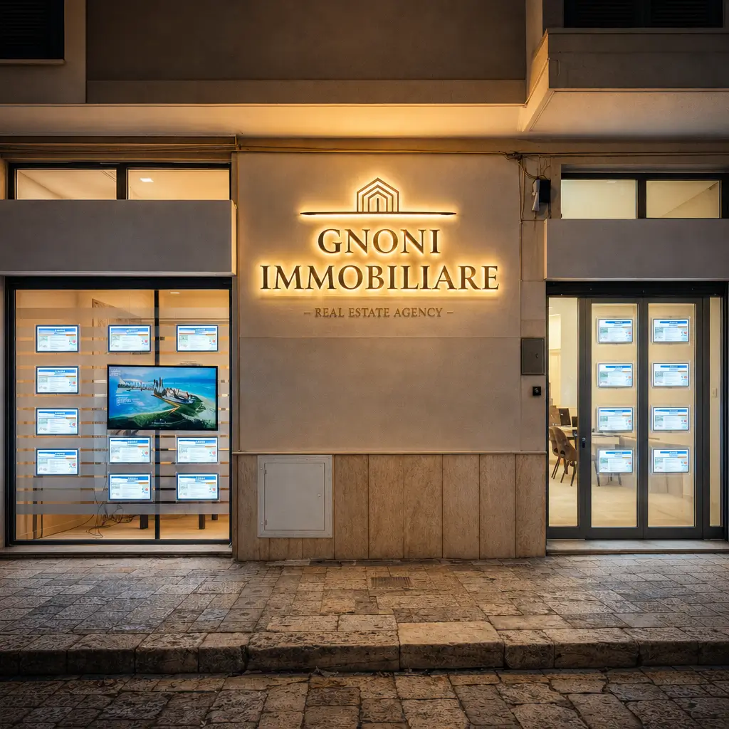Insegna luminosa Gnoni Immobiliare con logo dorato sulla facciata dell'agenzia