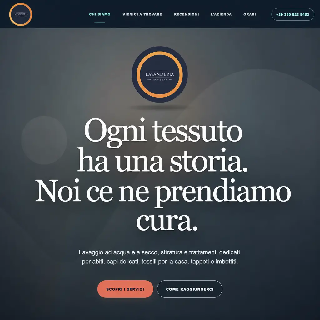 Homepage Lavanderia Moderna con hero scuro e claim «Ogni tessuto ha una storia»