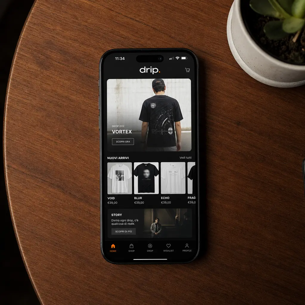 Interfaccia dell'app Drip per e-commerce streetwear, mockup su smartphone