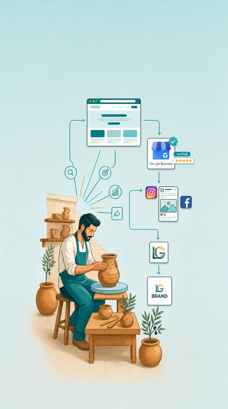 Illustrazione di un ceramista collegato a sito web, scheda Google Business, social e identità di marca