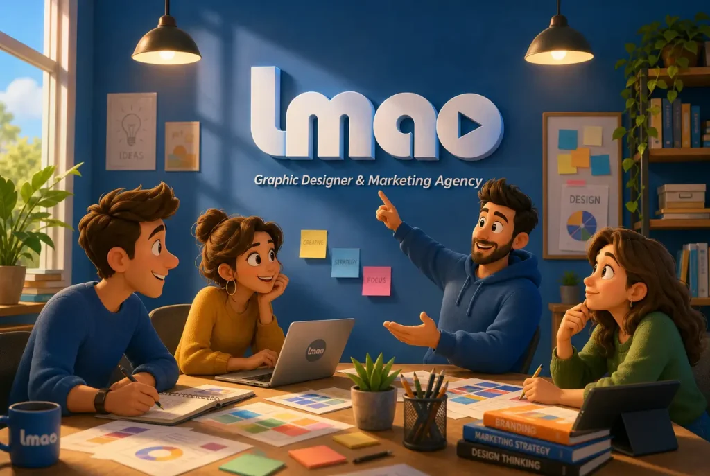 Team LMAO Graphic in sessione di brainstorming con post-it e palette colori