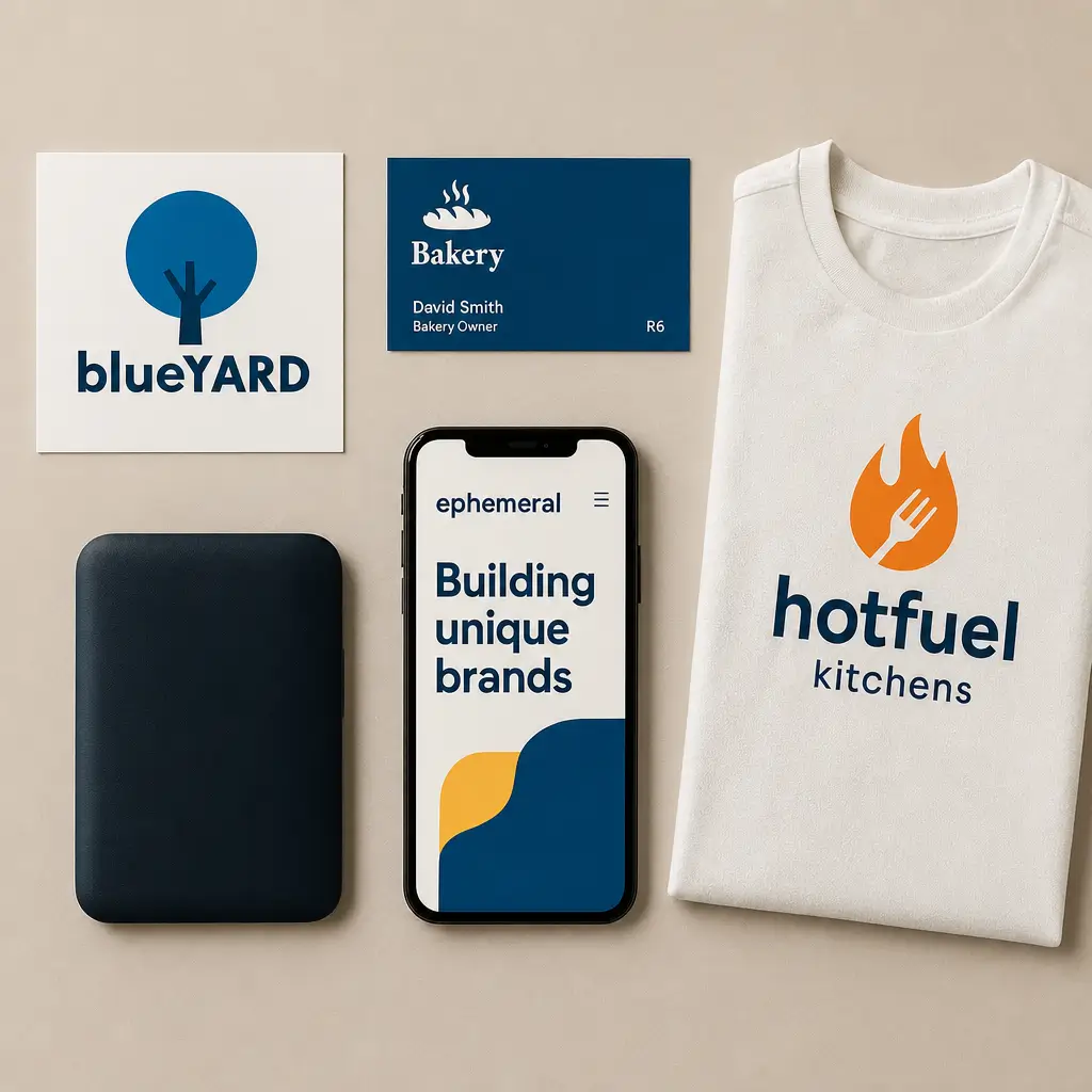 Mockup di brand identity: logo blueYARD, biglietto Bakery, sito su smartphone e t-shirt hotfuel kitchens