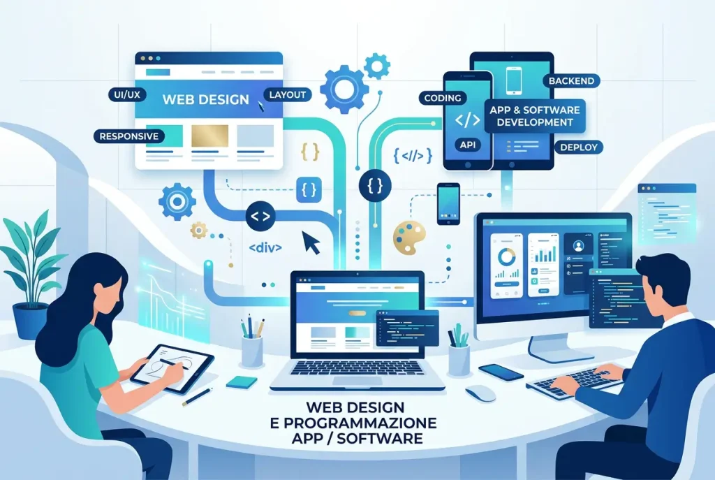 Illustrazione di web design responsive su desktop, tablet e smartphone