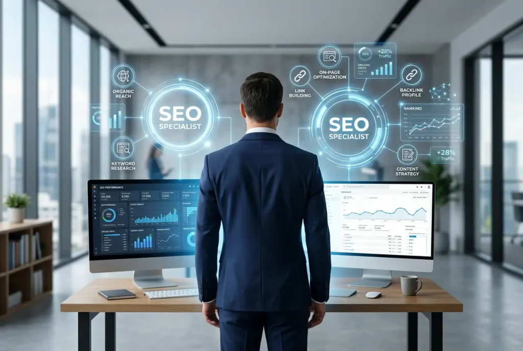 Illustrazione SEO: keyword research, ottimizzazione on-page e link building