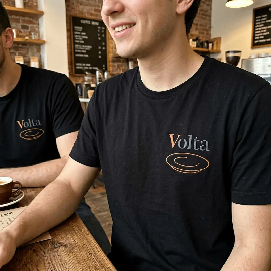 T-shirt nera con logo Volta ricamato, merchandising per lo staff