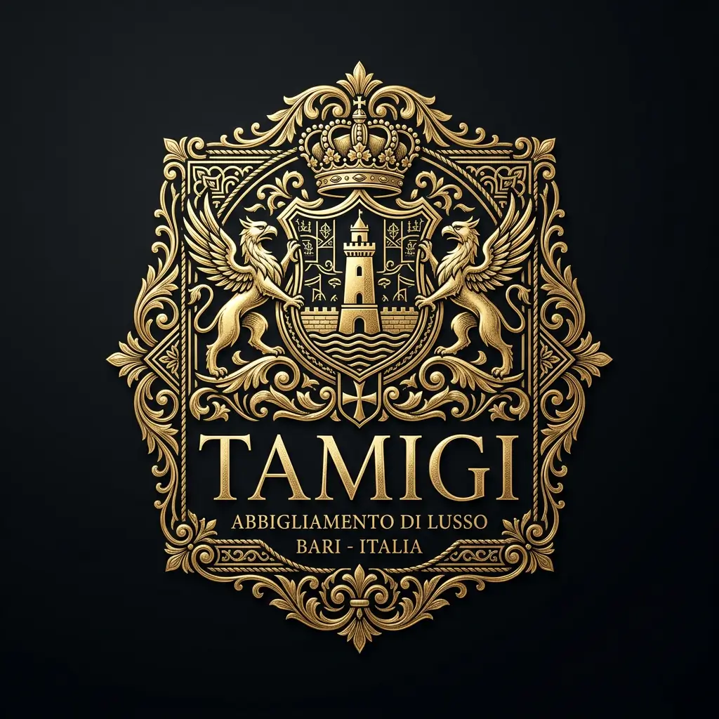 Logo Tamigi: stemma araldico dorato con grifoni e corona, abbigliamento di lusso a Bari