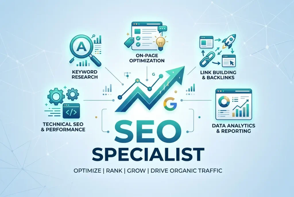 SEO specialist al lavoro su analisi keyword e monitoraggio del ranking