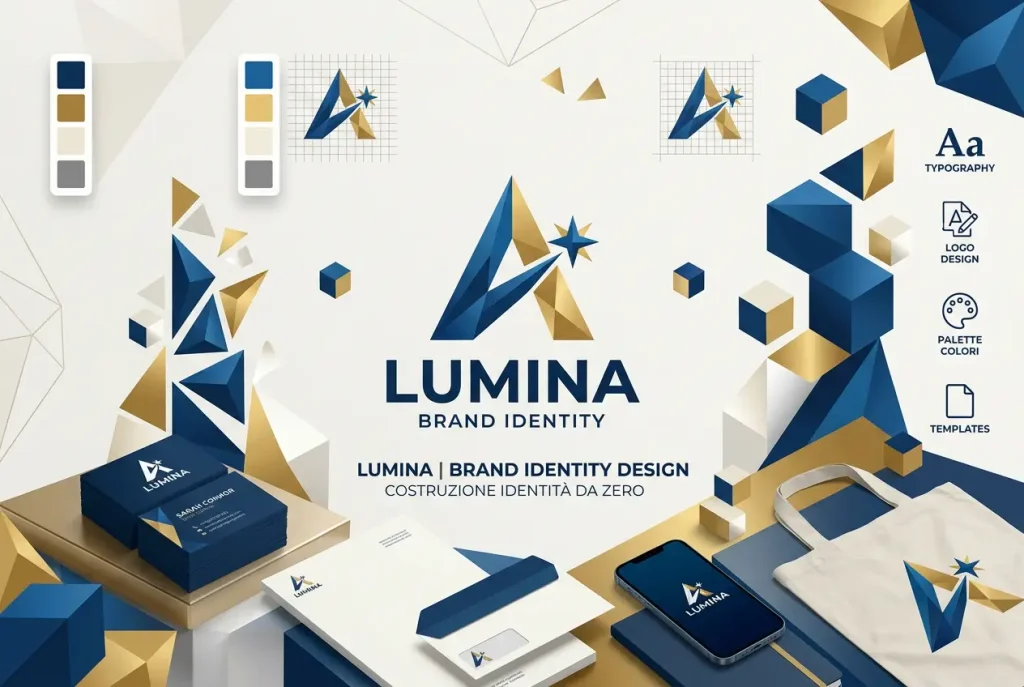 Brand identity coordinata: logo, palette, tipografia, biglietti da visita e packaging