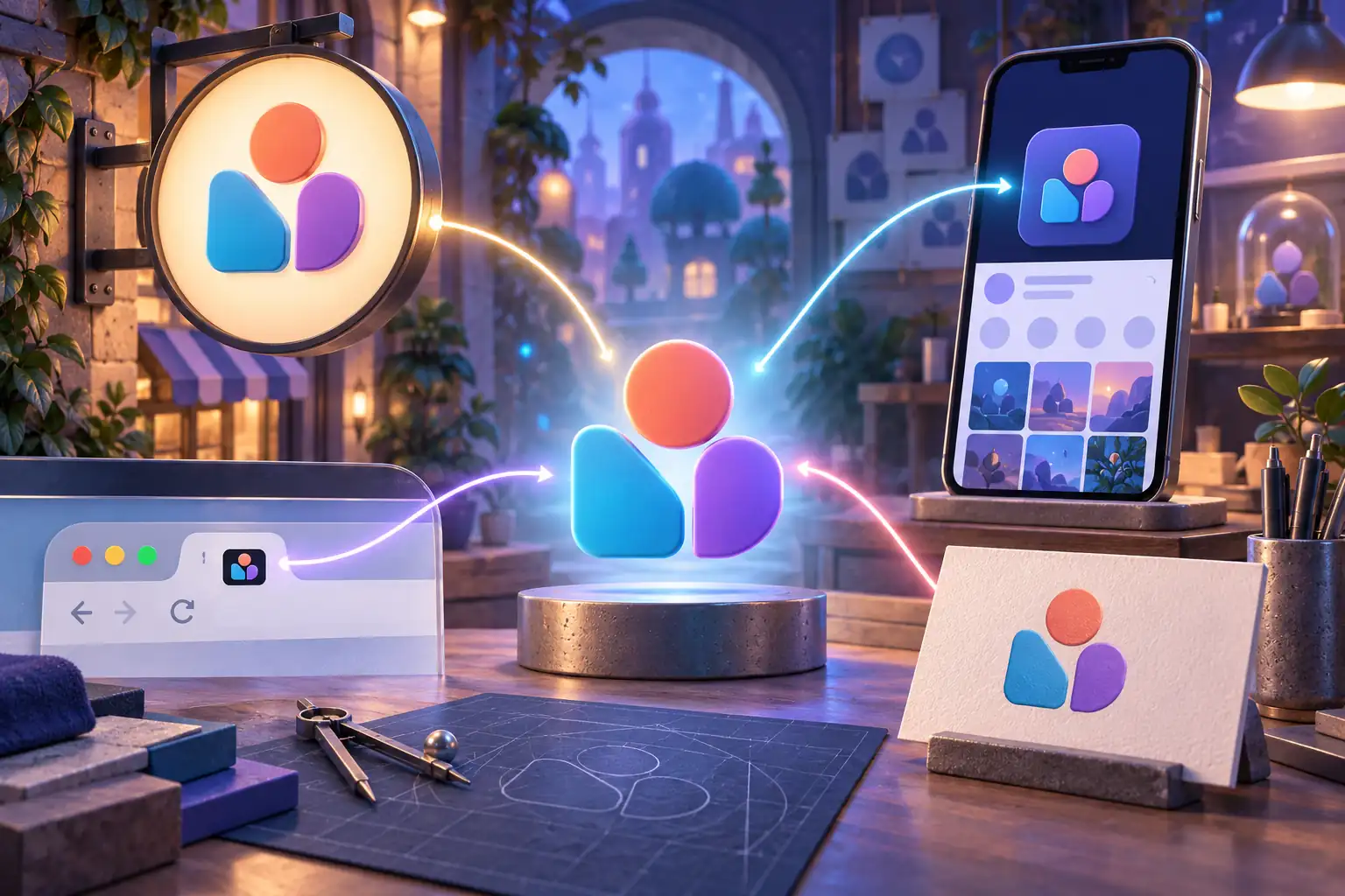 Logo Lmao Graphic al centro di una scena 3D collegato a un’insegna, una schermata web, uno smartphone e un supporto stampato, per rappresentare l’adattamento coordinato del marchio su diversi formati.