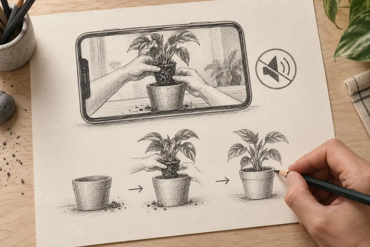 Una mano disegna a matita il rinvaso di una pianta: dal vaso vuoto alla pianta sistemata, con frecce tra le fasi. Sopra, uno smartphone mostra il gesto accanto al simbolo dell’audio disattivato.
