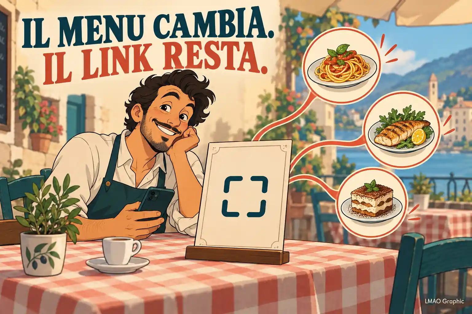 Espositore da tavolo con QR code collegato a pasta, pesce alla griglia e tiramisù: il menu cambia, il link resta